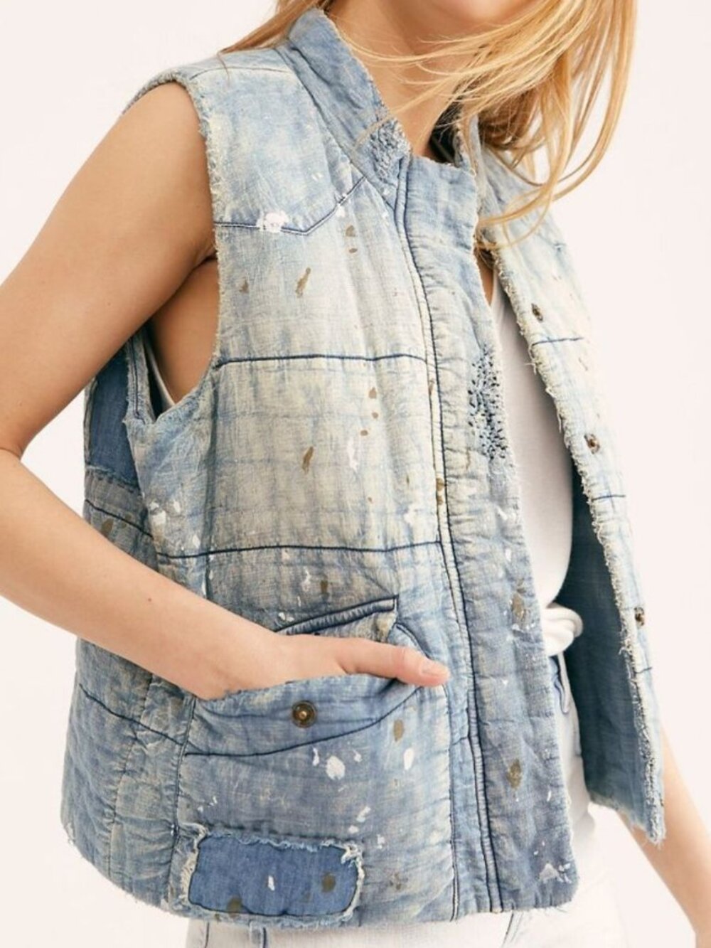 Magnolia Pearl Hartley Vest Art Class Denim Puff Splatter Paint NWT One Size